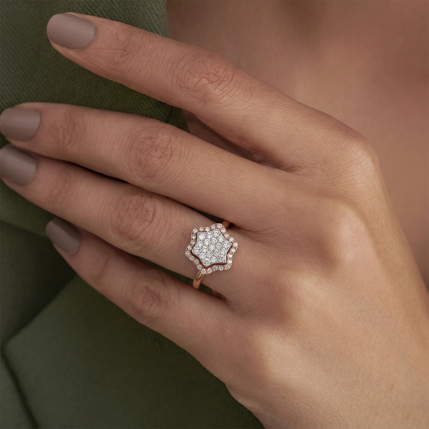 Hexagon Pave Cluster Ring In Rose Gold